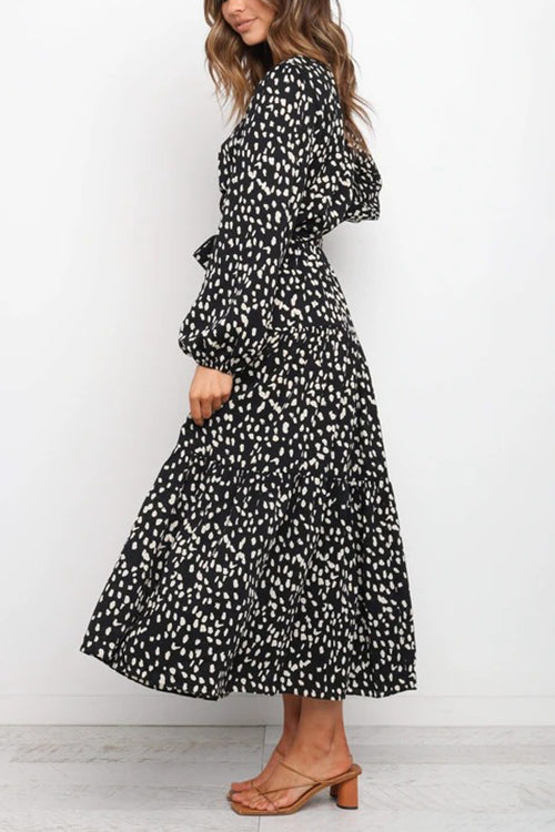 Print Belted Long Sleeve Maxi Dress - Fashionpara