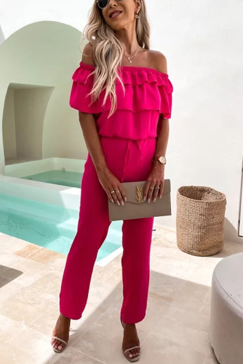 Ruffles Off the Shoulder Drawstring Jumpsuits - Fashionpara