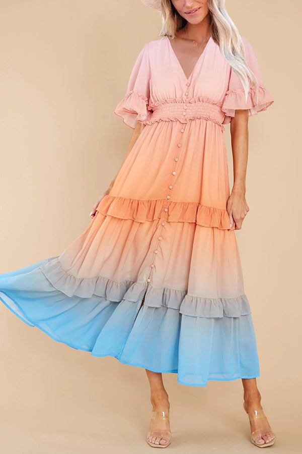 Ombre Sunset Ruffles Maxi Dress - Fashionpara