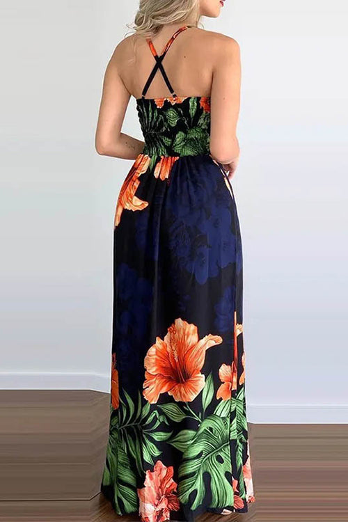 Tropical Print Slit Crisscross Backless Maxi Dress - Fashionpara