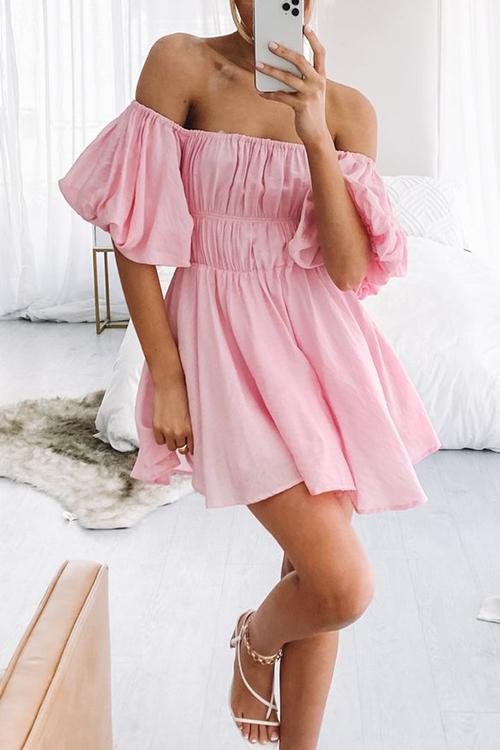 Off Shoulder Puff Sleeve Mini Dress - Fashionpara