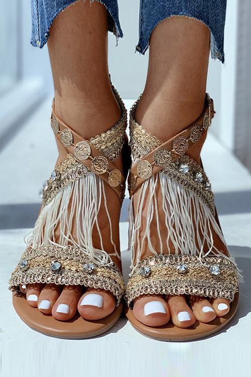 Rhinestone Tassels Flat Sandals - Fashionpara