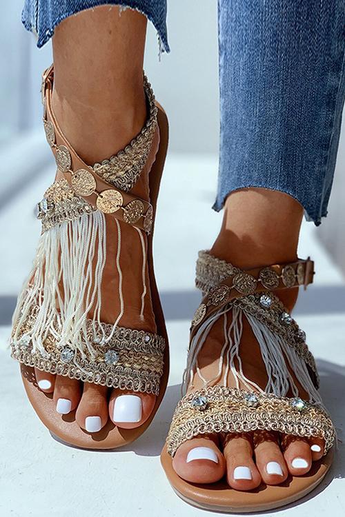 Rhinestone Tassels Flat Sandals - Fashionpara