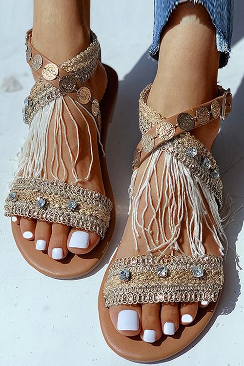 Rhinestone Tassels Flat Sandals - Fashionpara