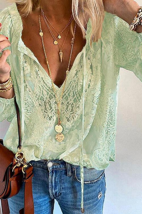 Lace Loose Long Sleeve Blouse - Fashionpara