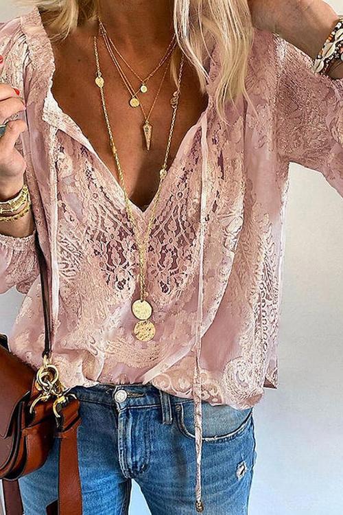 Lace Loose Long Sleeve Blouse - Fashionpara