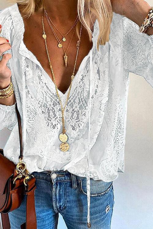 Lace Loose Long Sleeve Blouse - Fashionpara