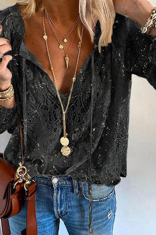 Lace Loose Long Sleeve Blouse - Fashionpara