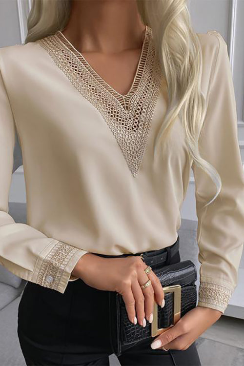 Lace Stitching V Neck Shirt - Fashionpara