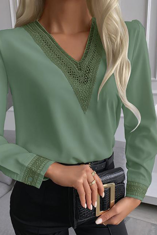 Lace Stitching V Neck Shirt - Fashionpara