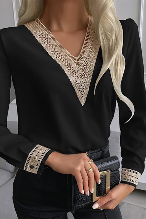 Lace Stitching V Neck Shirt - Fashionpara