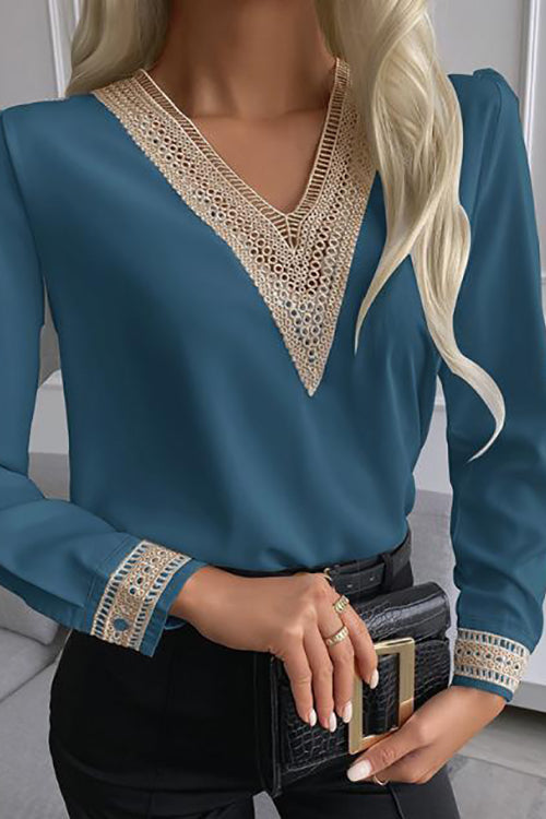 Lace Stitching V Neck Shirt - Fashionpara