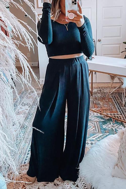 Solid Crop Wide Leg Pants Set