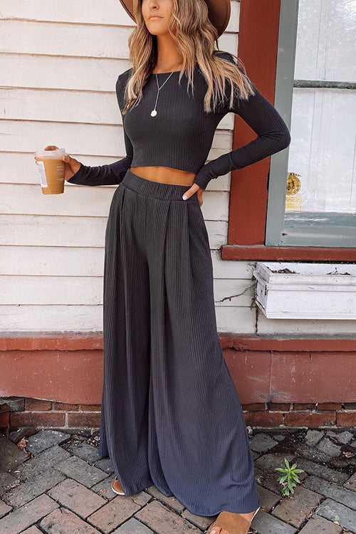 Solid Crop Wide Leg Pants Set