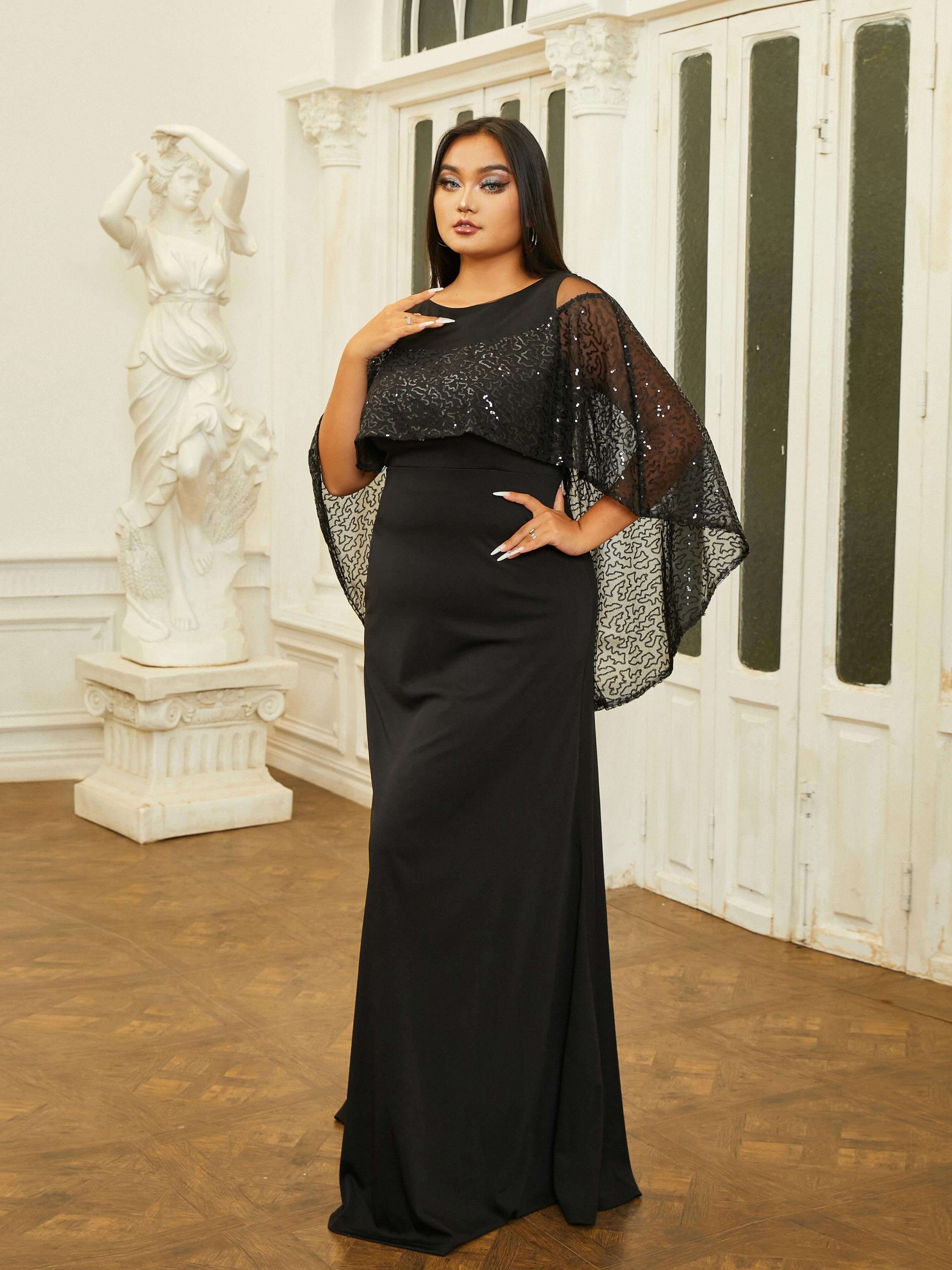 Plus Size Cape Sleeve Backless Sequin Prom Dress PRM20808