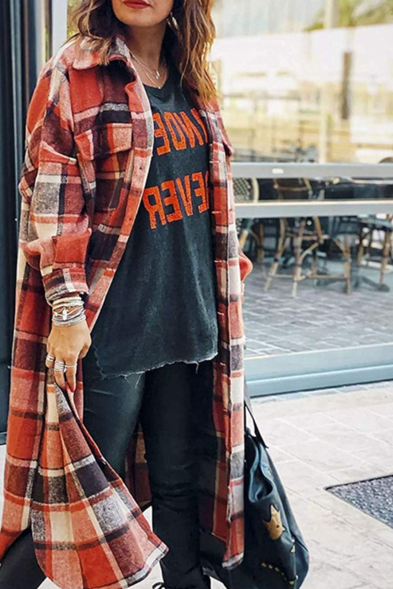 Lapel Plaid Slit Long Woolen Coat