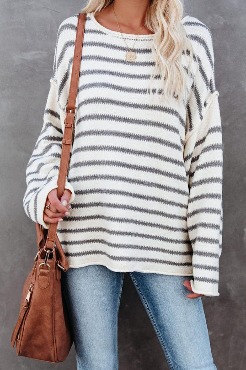 O Neck Striped Loose White Sweater