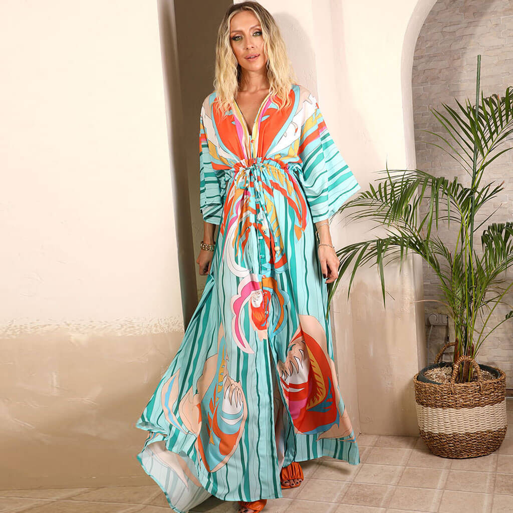 Abstract Print Belted Button Down V Neck Maxi Dress - Green - Fashionpara