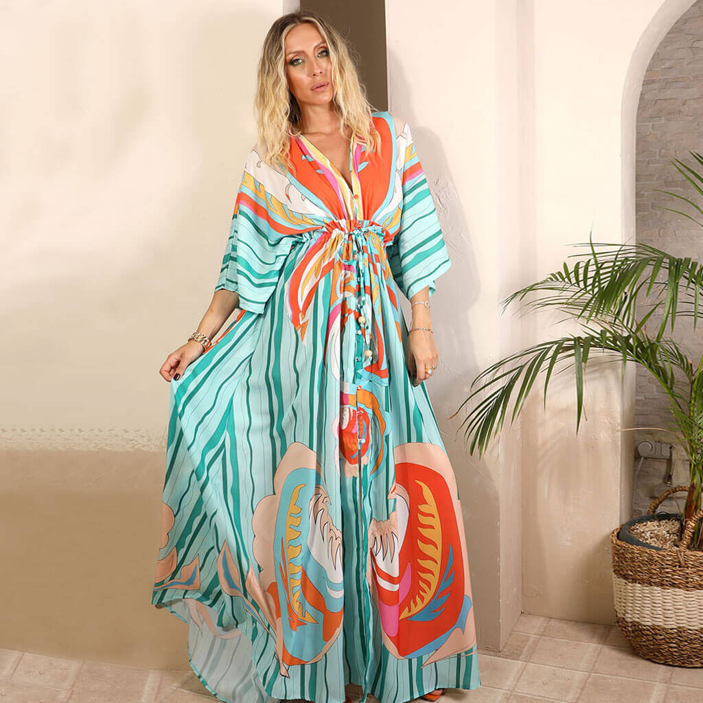 Abstract Print Belted Button Down V Neck Maxi Dress - Green - Fashionpara