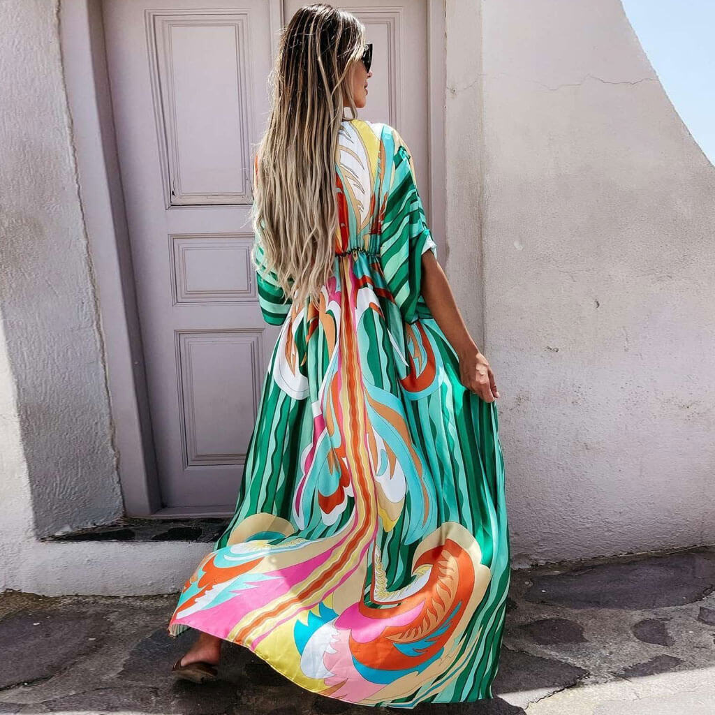 Abstract Print Belted Button Down V Neck Maxi Dress - Green - Fashionpara