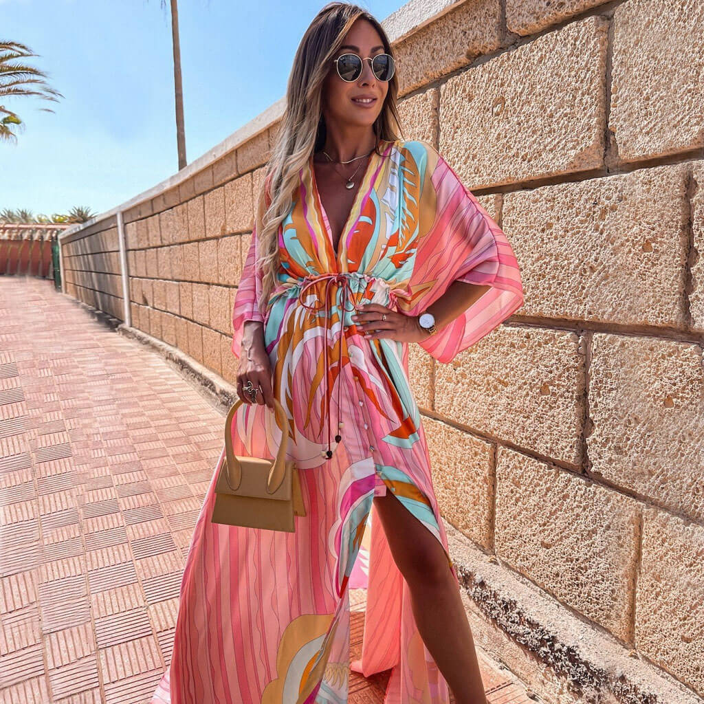 Abstract Print Belted Button Down V Neck Maxi Dress - Pink - Fashionpara