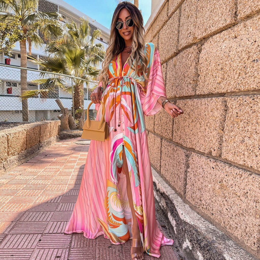 Abstract Print Belted Button Down V Neck Maxi Dress - Pink - Fashionpara