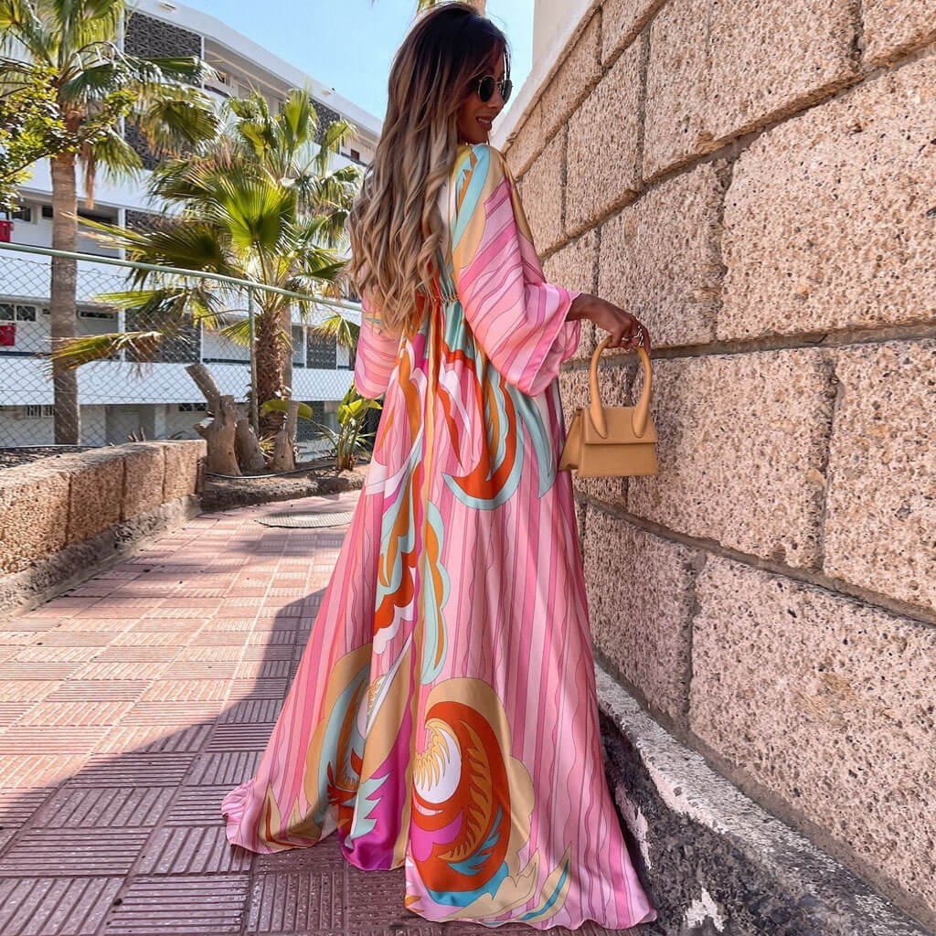 Abstract Print Belted Button Down V Neck Maxi Dress - Pink - Fashionpara