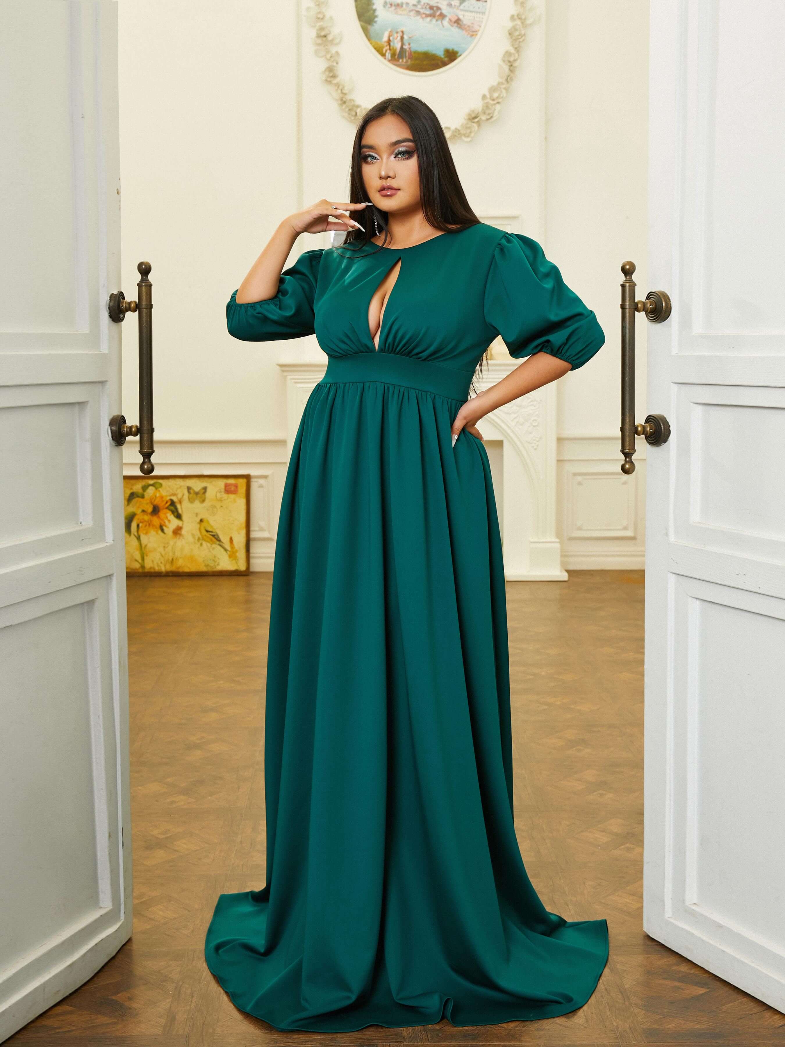 Plus Size Cutout Ballon Sleeve A-line Prom Dress PRM20986