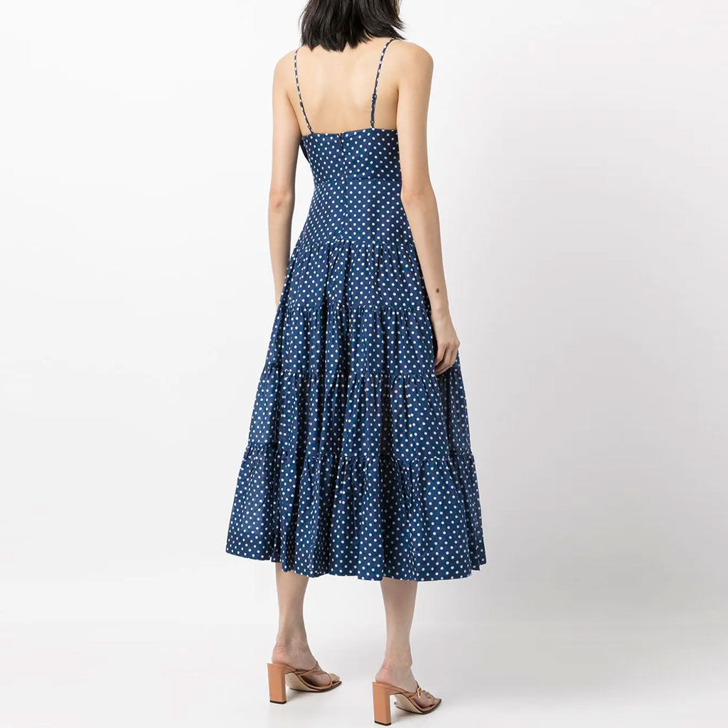 Adorable Polka Dot Bow Trim A-Line Slip Midi Dress - Blue - Fashionpara