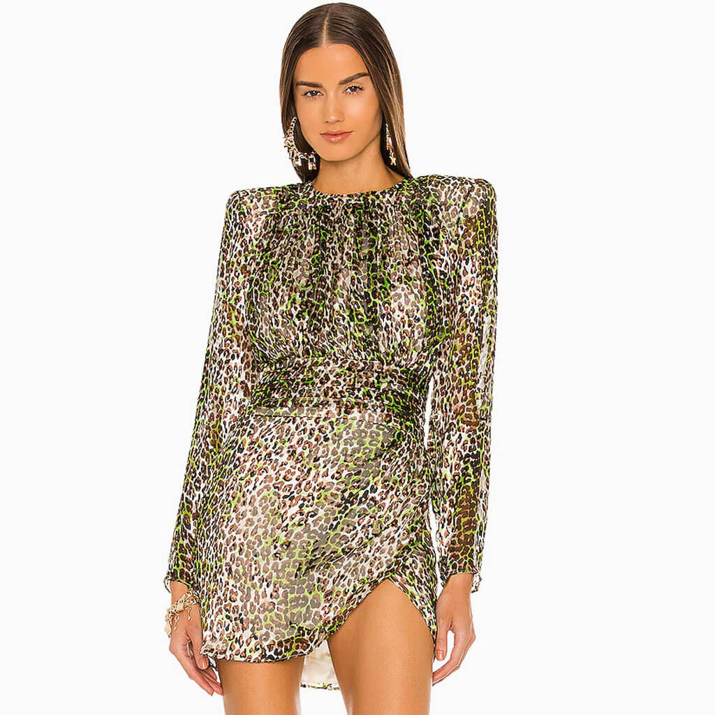 Animal Print Shoulder Pad Long Sleeve Cocktail Mini Dress - Leopard - Fashionpara