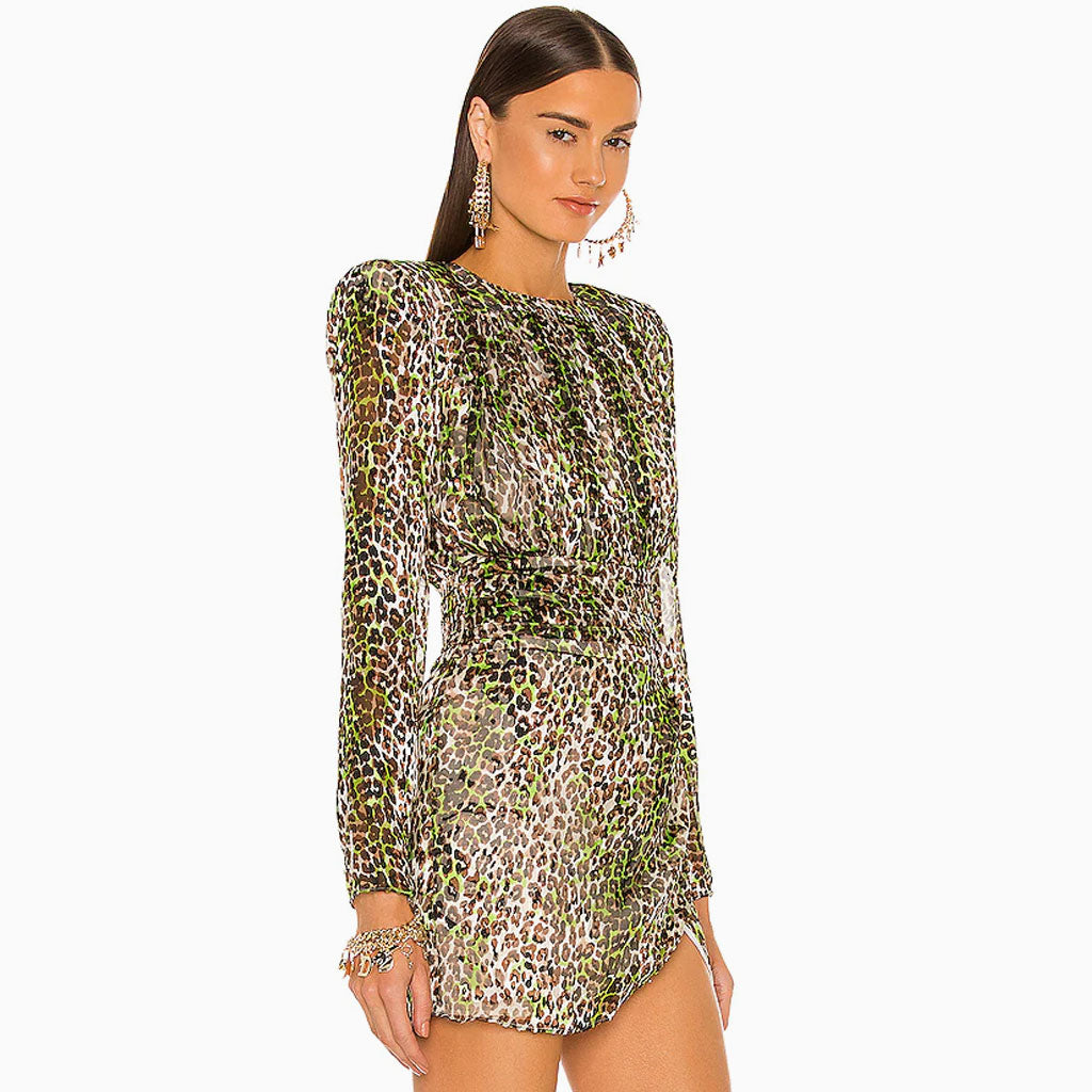 Animal Print Shoulder Pad Long Sleeve Cocktail Mini Dress - Leopard - Fashionpara