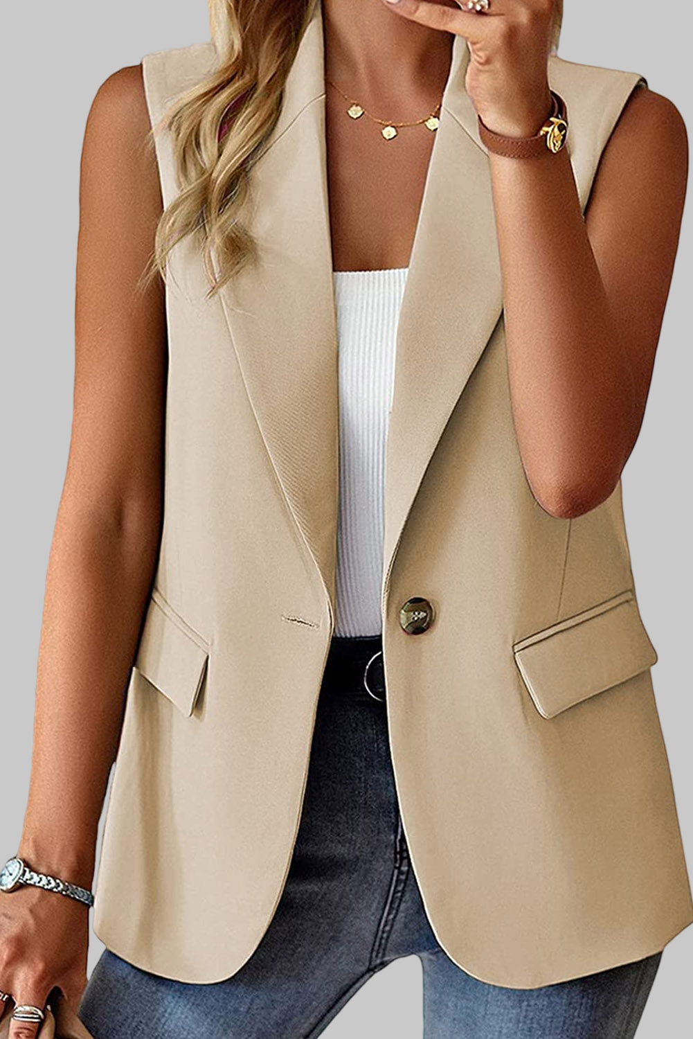 Apricot Single Button Pocketed Lapel Vest Blazer - Fashionpara