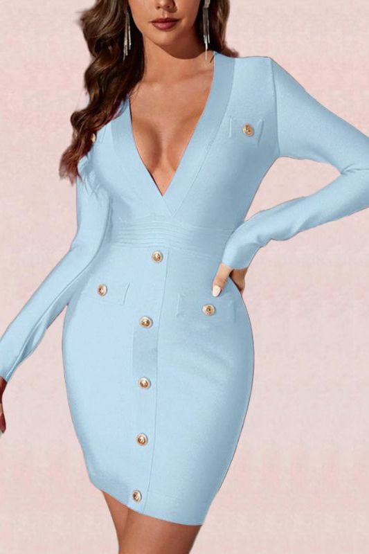 Arianna Long Sleeve Bodycon Mini Dress - Sky Blue - Fashionpara