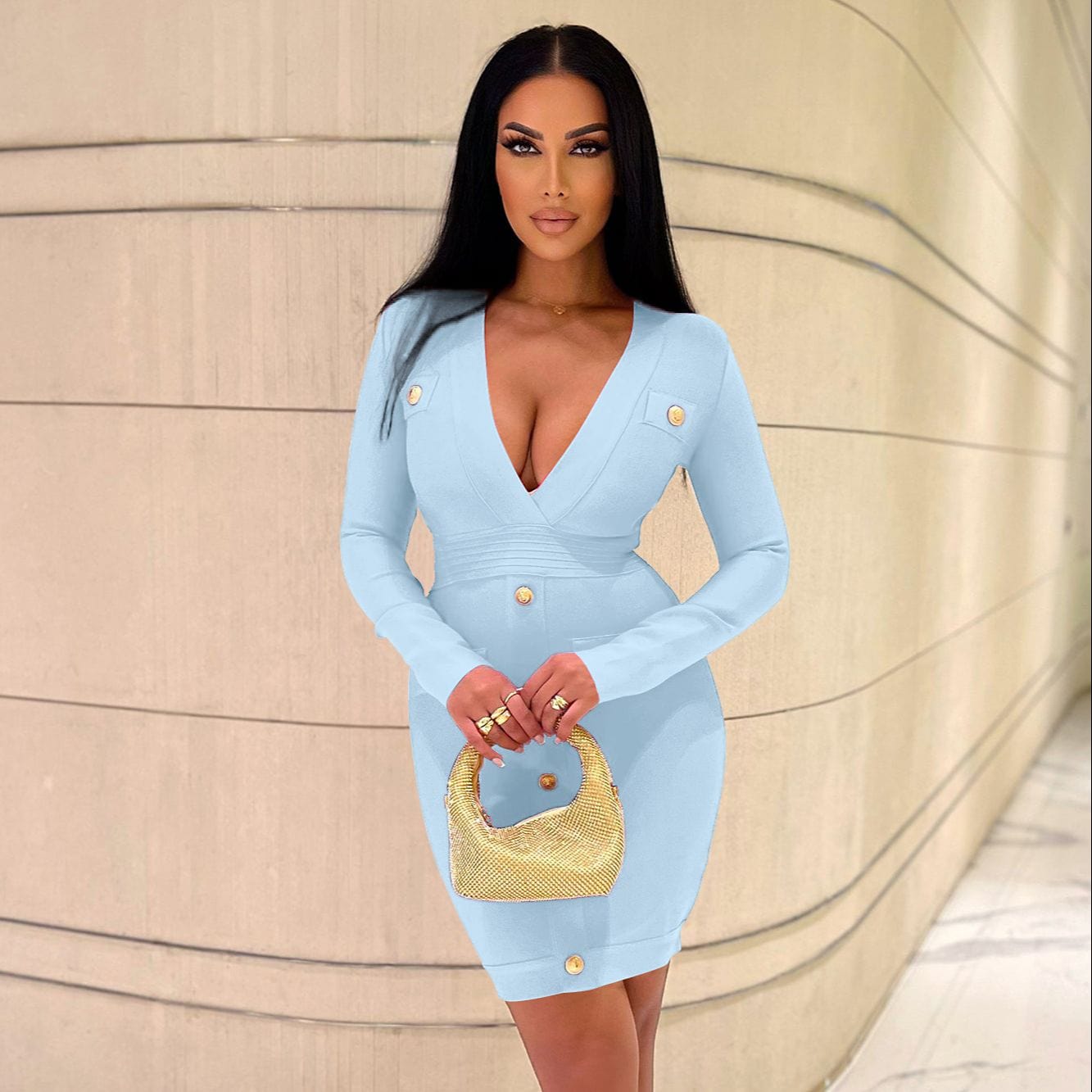 Arianna Long Sleeve Bodycon Mini Dress - Sky Blue - Fashionpara