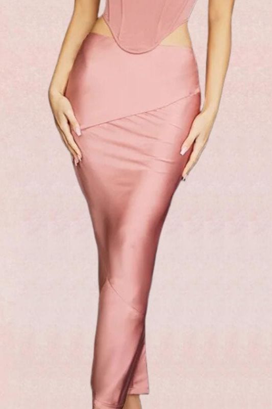 High Waist Satin Bodycon Maxi Skirt - Dusty Pink - Fashionpara