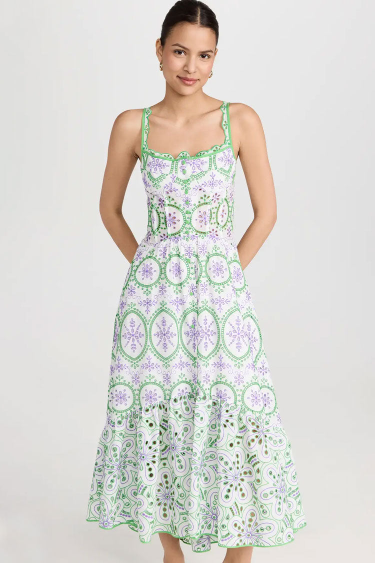 Boho Chic Button Up Floral Broderie Anglaise Ruffle Midi Sundress - Green - Fashionpara