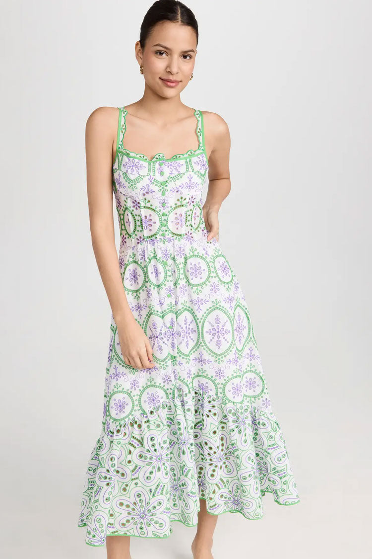 Boho Chic Button Up Floral Broderie Anglaise Ruffle Midi Sundress - Green - Fashionpara