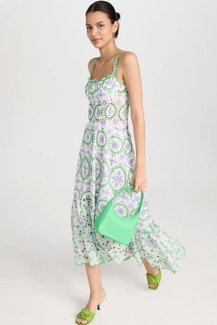 Boho Chic Button Up Floral Broderie Anglaise Ruffle Midi Sundress - Green - Fashionpara