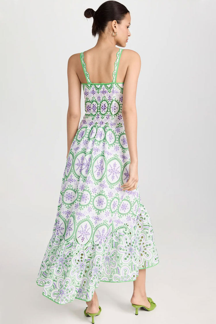 Boho Chic Button Up Floral Broderie Anglaise Ruffle Midi Sundress - Green - Fashionpara