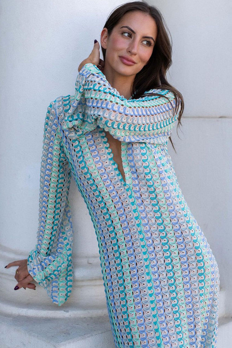 Boho V Neck Bell Sleeve Wavy Striped Crochet Beach Vacation Maxi Dress - Blue - Fashionpara