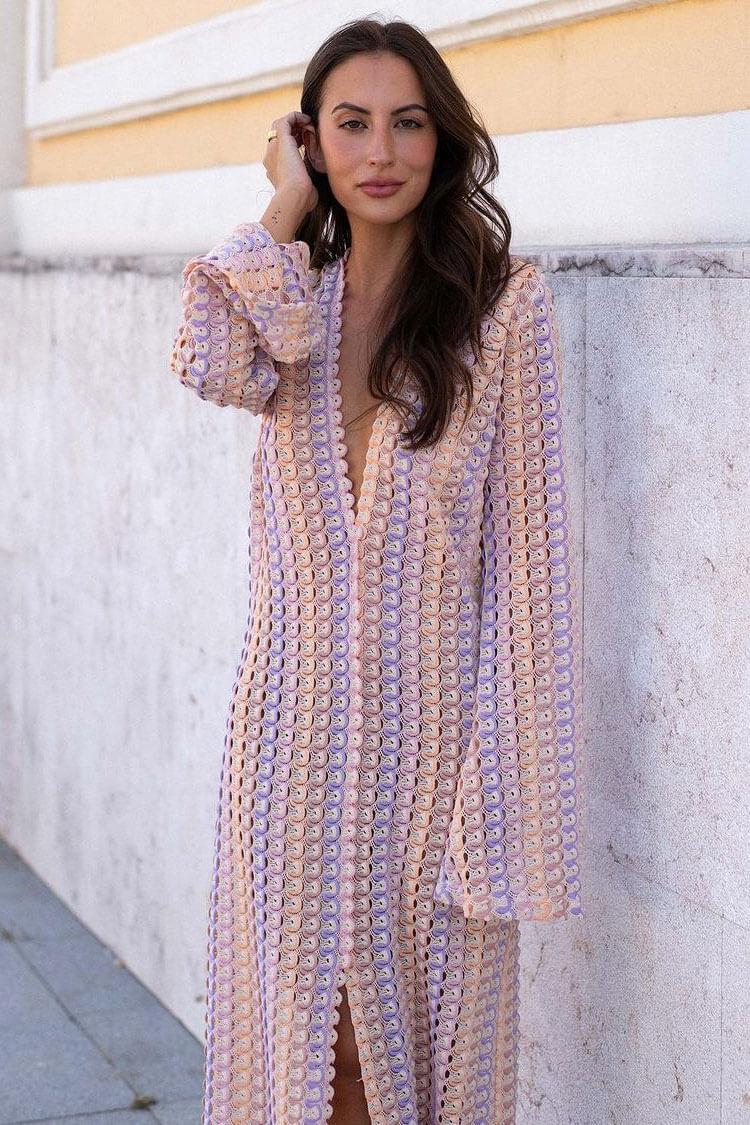 Boho V Neck Bell Sleeve Wavy Striped Crochet Beach Vacation Maxi Dress - Purple - Fashionpara