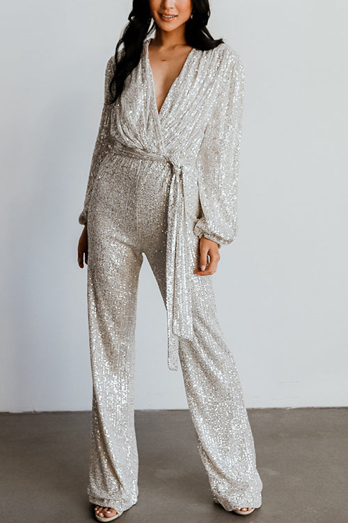 Sequin Draped Belted Puff Sleeve Wide Leg Jumpsuit - Fashionpara