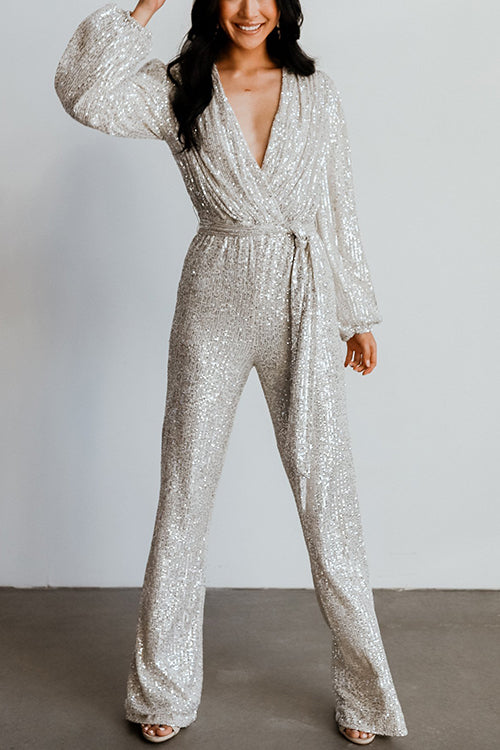 Sequin Draped Belted Puff Sleeve Wide Leg Jumpsuit - Fashionpara