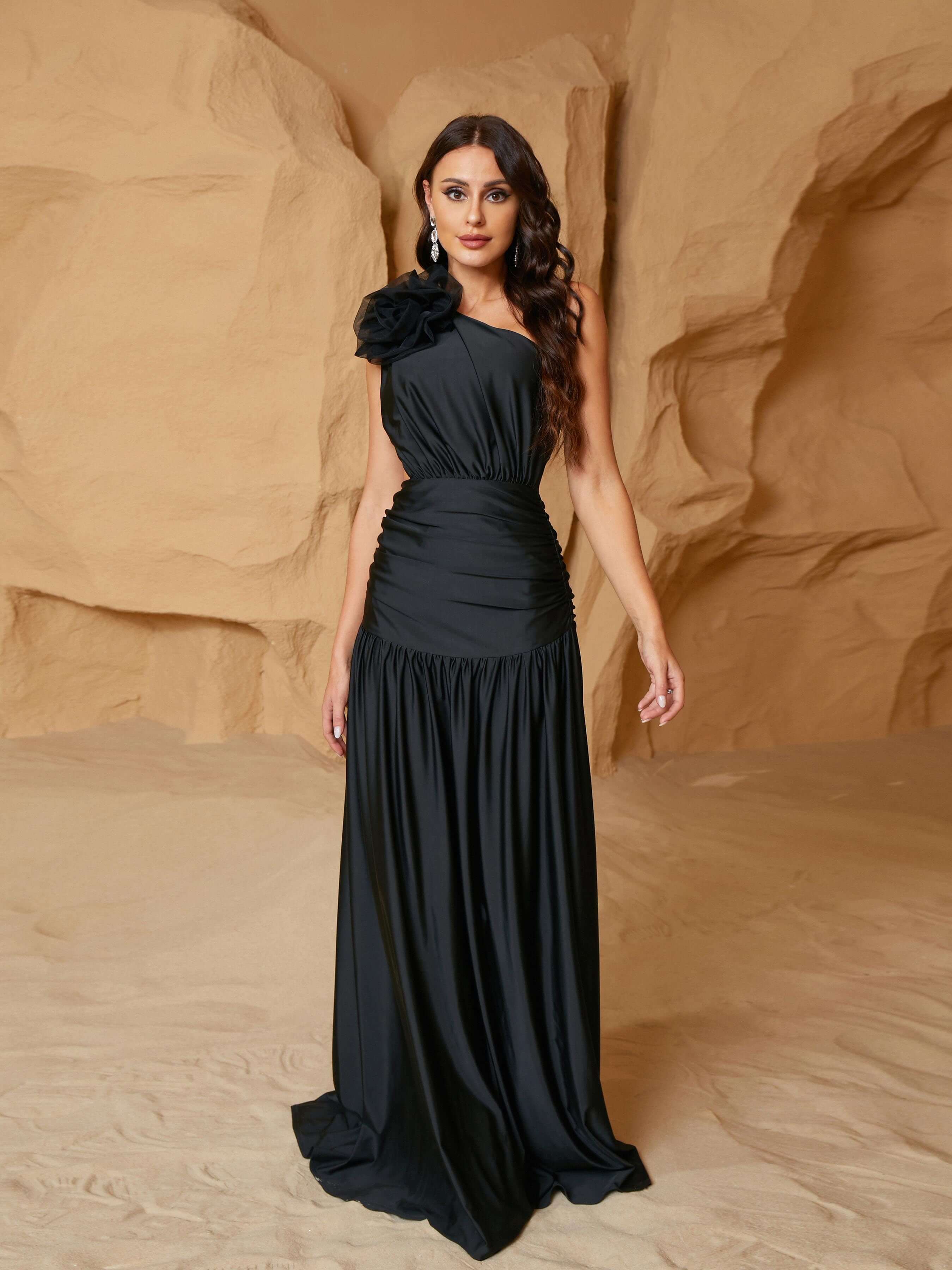 One Shoulder Appliqued Pleated Cutout Prom Dress RJ11073