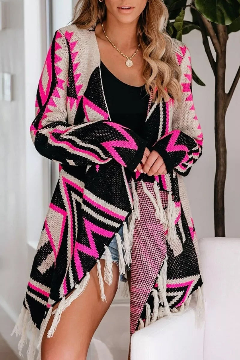 Geometric Print Tassel Design Cardigan