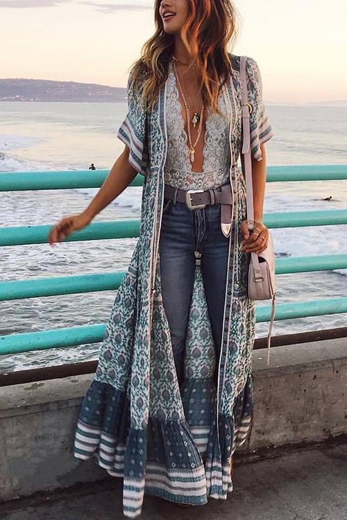 Print V Neck Short Sleeve Maxi Dress - Fashionpara