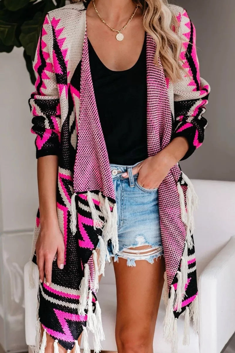 Geometric Print Tassel Design Cardigan