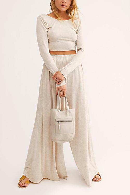 Solid Crop Wide Leg Pants Set