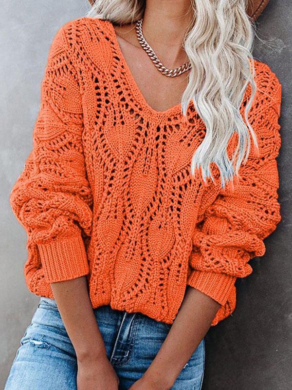 Hollow Out V-Neck Crochet Chunky Knit Sweater