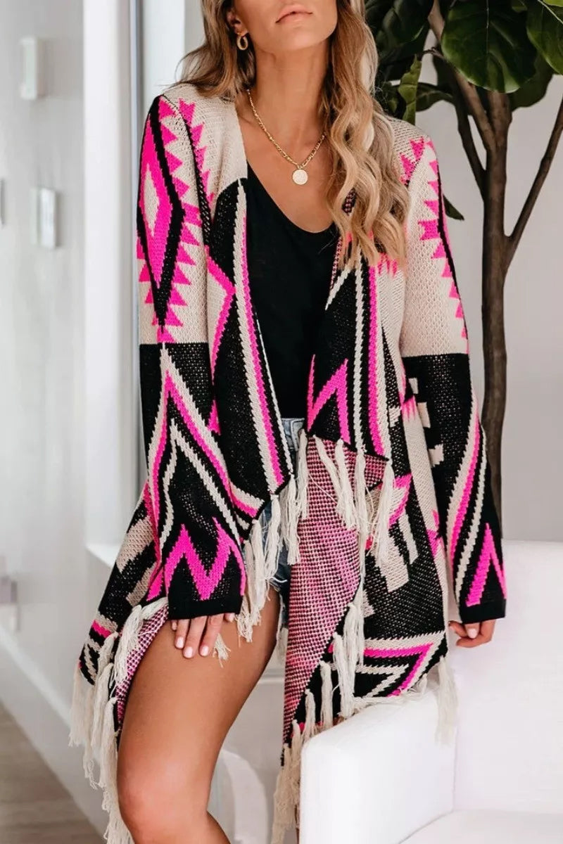 Geometric Print Tassel Design Cardigan